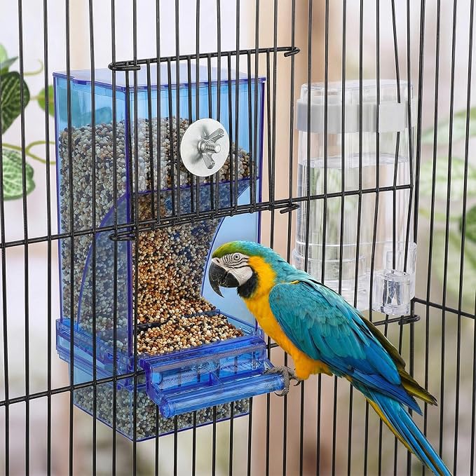 Yaomiao 4 Pcs No Mess Small Bird Feeders Automatic Parakeet Water Dispenser Clear Quail Feeder and Watered Cage Accessories for Small and Medium Parakeet Cockatiel Canary(Assorted,Blue)