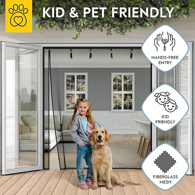 AUGO Fiberglass Magnetic Screen Door Reversible Left Right Side Opening - Self Sealing, Heavy Duty, Hands Free, Keeps Bugs Out - Pet and Kid Friendly - Patent Pending Keep Open Feature – 74” x 81”