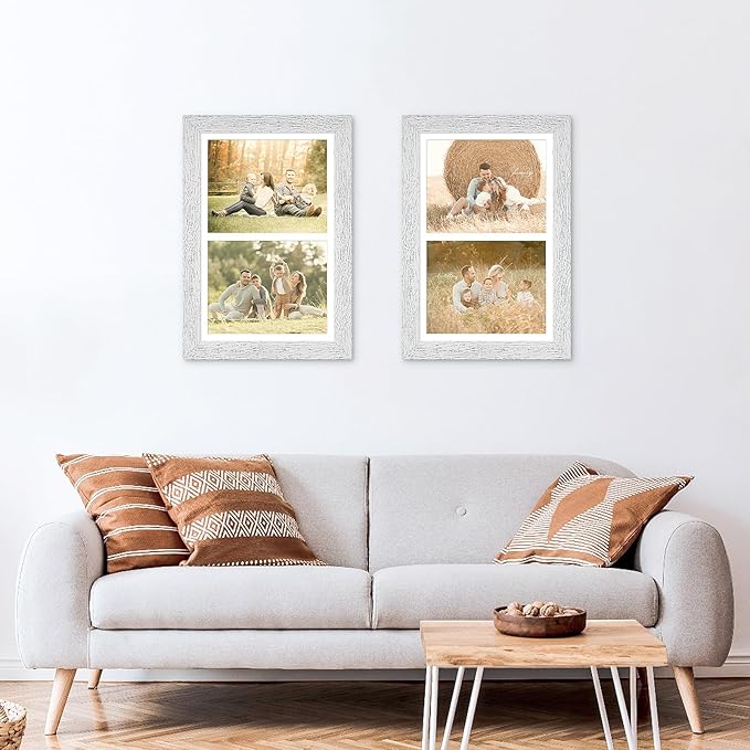 11x17 Picture Frame Display 2 opening 8X10 Double Picture Frame Collage,Multi Photo Frame with Mat,Plexiglass,Wall Mount Decor,Distressed White Wood Grain