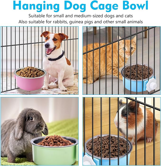 kathson Crate Dog Bowl, Removable Stainless Steel Hanging Pet Cage Bowl Food & Water Feeder Coop Cup for Cat, Puppy, Birds, Rats, Guinea Pigs (3 PCS, Size: L, Blue, Green, Pink)