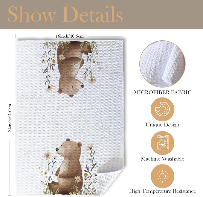 Bear Gifts Kitchen Towels, Gifts for Bear Lovers Dish Tea Towels for Kitchen, Cute Wild Animal Floral Botanical Decorative Hand Towel for Kids Bathroom Decor, 16x24 Inch