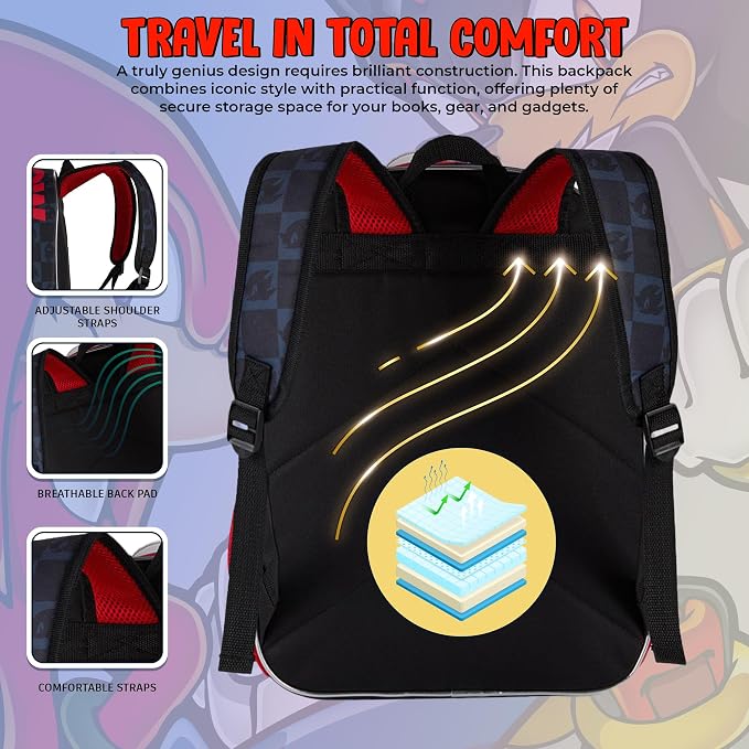 AI ACCESSORY INNOVATIONS Sonic The Hedgehog Backpack for Boys & Girls, Shadow 16 Inch Schoolbag with Die-cut Metallic Gold Ring Pocket, Black