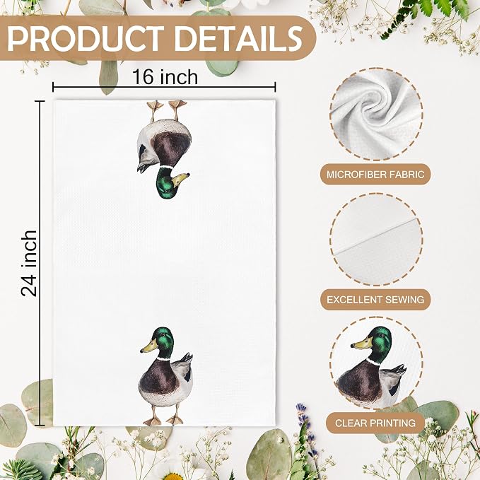 Funny Mallard Duck Kitchen Towels and Dishcloths Sets of 2, Mallard Duck Nursery Decor Gifts, Woodsy Rustic Farm Hunting Nursery Home Decor Dish Hand Tea Towels for Bathroom Kitchen,16x24Inch