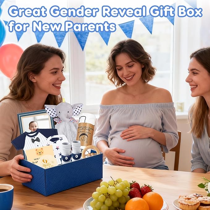 Baby Gift Basket for Newborn Girls & Boys, Baby Shower Gift Set for Boy, Newborn Baby Boy Essentials, Welcome Home, Gender Reveal Gifts for New Parents, Blue Gift Box