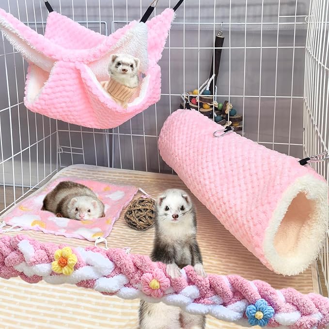 Hamiledyi Ferret Hammock 5 Pack Sugar Glider Climbing Ropes Toys Rat Hanging Tunnel Hammock Swing Squirrel Hideout Bed Cage Accessories for Mouse Hamster Small Animals