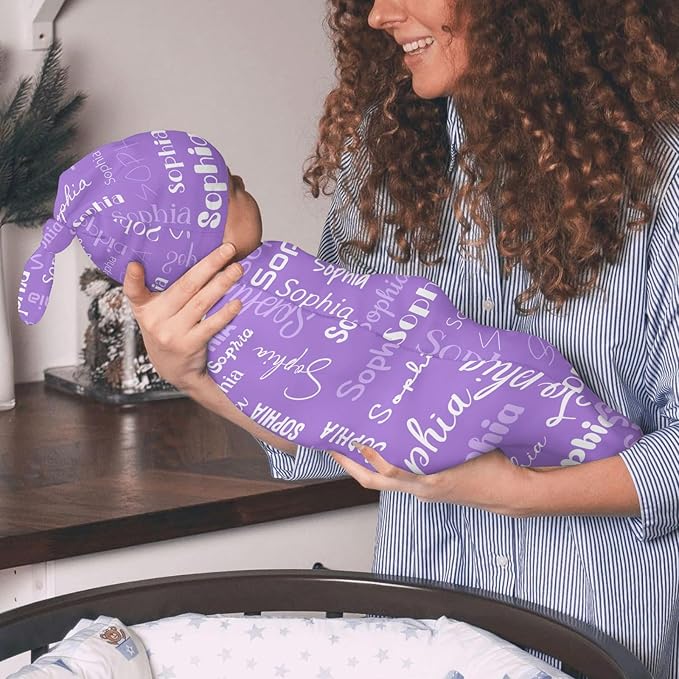 Newborn Swaddle Blankets Hat Name Lettering Purple Sets Soft Baby Receiving Blanket Swaddle Sack for Baby Shower Infant Boy Girl Gift