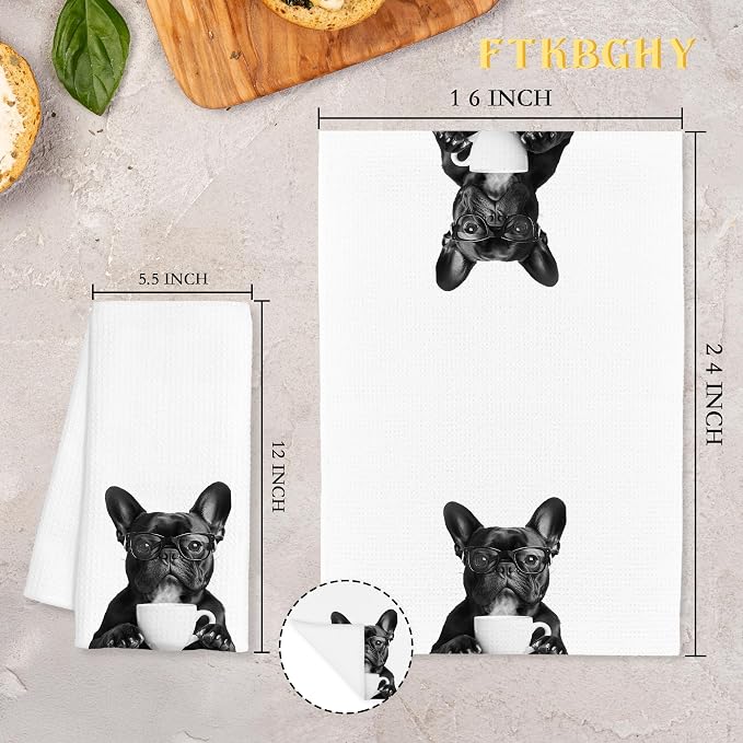 Funny French Bulldog Coffee Kitchen Towels, Frenchie Gifts for Women, Gifts for French Bulldog Lovers Decorative Dish Hand Tea Towels for Kitchen Coffee Bar Decor, 16x24 Inch
