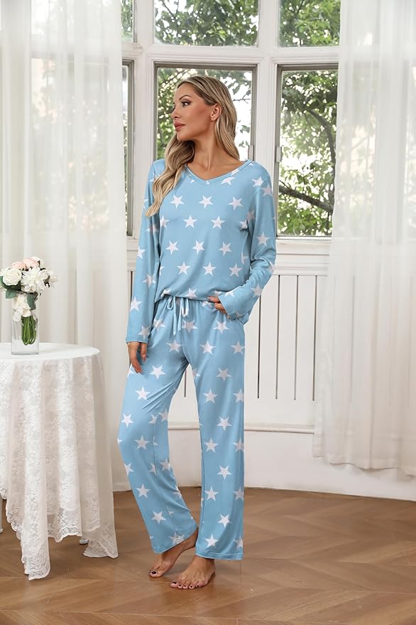 Ekouaer Womens 2 Pack Pajama Set Long Sleeve Pajamas Top and Pants V Neck Pjs Set Soft Loungewear with Pockets