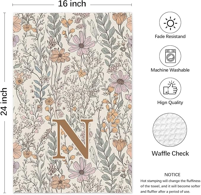Initial N Personalized Floral Kitchen Towels Dish Towel, Custom Hand Towels for Bathroom, Monogrammed Gifts for Women Mom, Boho Floral Decorative Kitchen Towels Tea Towel, 16x24 Inch
