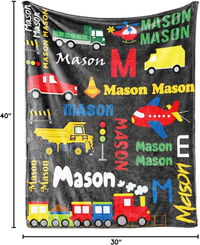 Personalized Blanket with Name for Boys, City Car Transport Custom Name Blanket, Soft Flannel Toddler Blankets Customized Gift for Newborn Baby Shower Birthday-30 x40