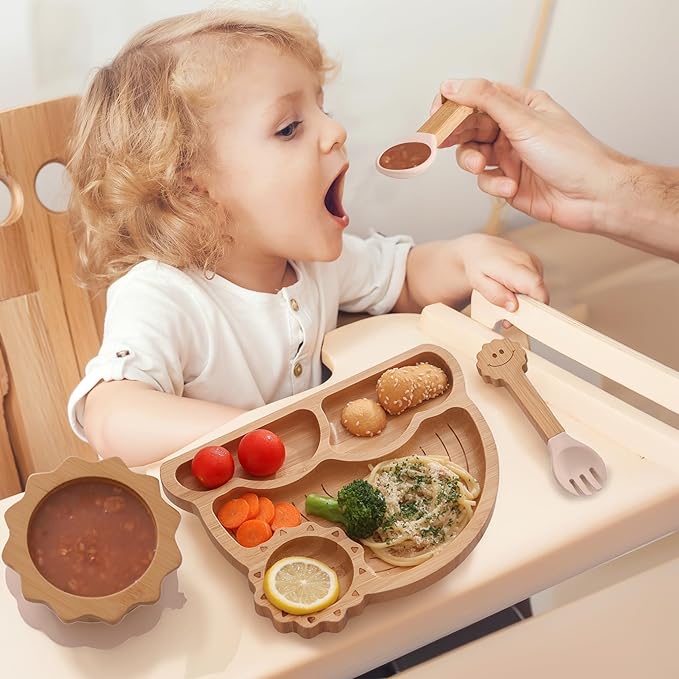 Bamboo Suction Plates Bowls Set for Baby Toddler - Includes Bamboo Bowl, Divided Plate, Silicone Fork & Spoon, All-Natural Baby Feeding Set for Baby-Led Weaning