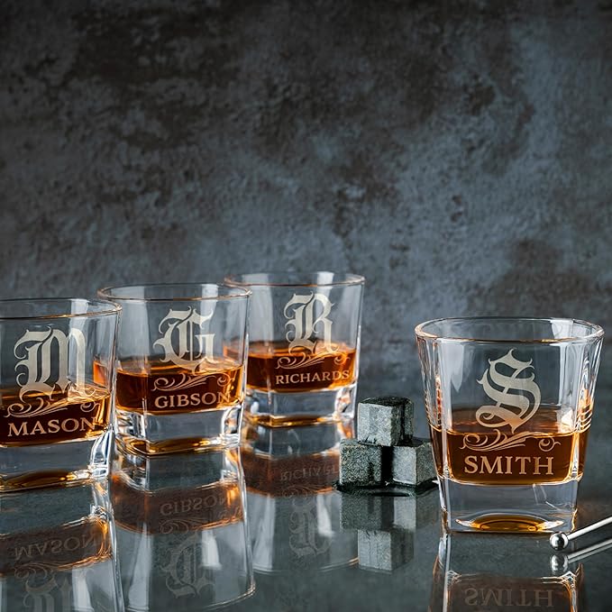 Amazing Items Single - Personalized Whiskey Glasses w/Name & Initial - 9 Designs - 9 oz, Limited Edition Monogrammed Rocks Glasses for Dad Gifts