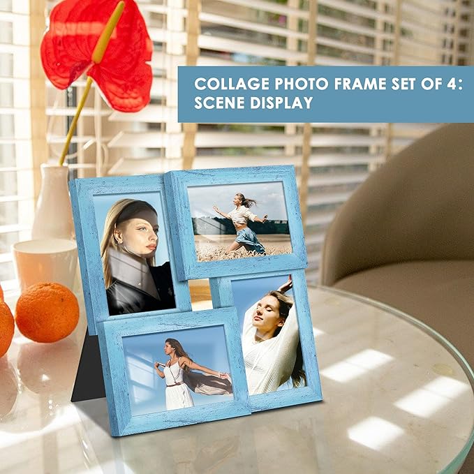 4x6 Collage Picture Frame Tempered Glass Front, Displays Four 4x6 Photo, Family Photo Collage Frame, Wall Decor Wall Hanging or Tabletop, Blue
