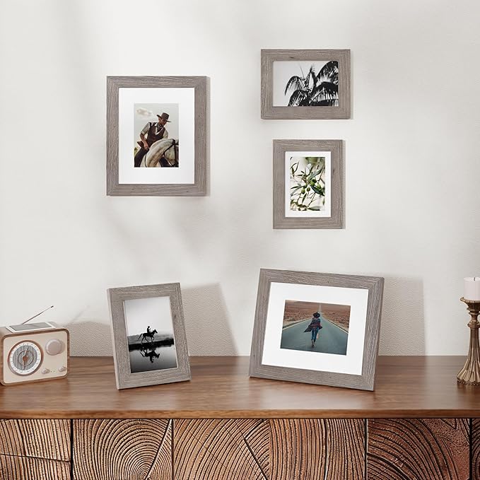Fun Memories Picture Frame 8x10 - Real Tempered Glass, Solid Wood Photo Frame, Display 5x7 With Mat or Without Mat, Rustic Frame for Wall or Tabletop, Grey, 1 Pack