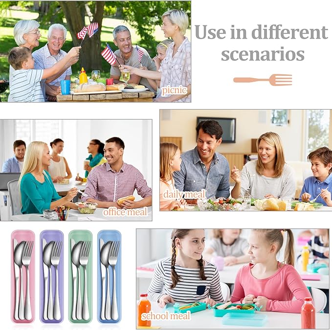 Yinkin 4 Pack Portable Travel Utensils Set with Case Reusable Stainless Steel Silverware Flatware Camping Cutlery Include Fork Spoon Knife for Work School Dishwasher Safe (Pastel Color)