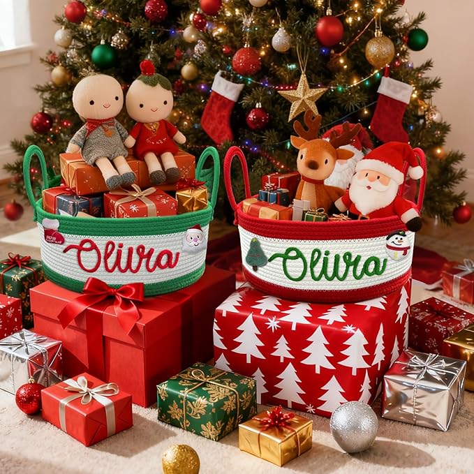 Personalized Christmas Basket with Name Custom Baby Shower Baskets for Newborn Girls Boys Customized Rope Cotton Storage Organizer Gifts
