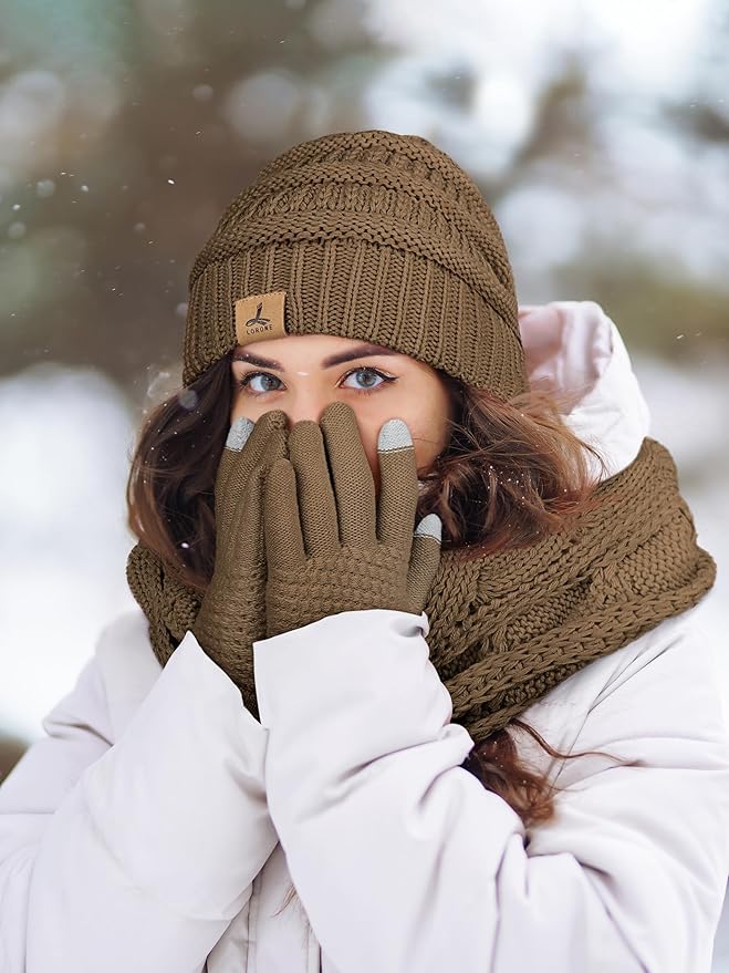 Winter Beanie Hat Scarf Gloves, Warm Fleece Knit Hats Touch Screen Gloves Neck Scarf Set Winter Gifts for Unisex Adult