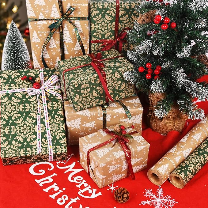 AhfuLife 2 Rolls Christmas Wrapping Paper, 43cm x 15M Xmas Wrapping Paper Rolls Recyclable Kraft Paper for Xmas Boxes Wrap Gift Birthday Festival Party Decorations (W: Christmas Tree/Snowflake)