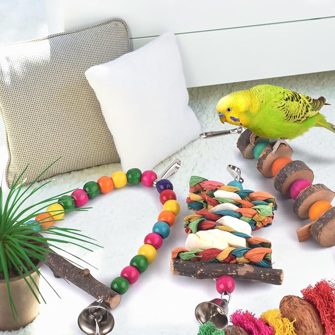 Bissap 7‑Pack Bird Chew Toys, Natural Wood Perch for Small Medium Parrots | Reduces Cage Boredom, Hanging Wooden Set with Chew Toys & Perch Stand, Fits Conure, Cockatiel, Parrotlet, Lovebird, Budgie