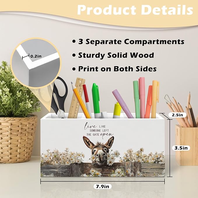 Farmhouse Donkey Pen Holder Organizer Desk Decor, Gifts for Donkey Lovers, Live Like Someone Left the Gate Open Wooden Pen Pencil Holders for Home Office Desk Accessories