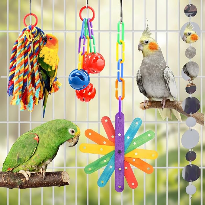QUOZUO Small Bird Toys Parakeet Cage Accessories, Parakeet Toys, Swing Hanging Standing Chewing Toy, Bird Toys for Parakeets, Cockatiel, Parrot, 4pcs