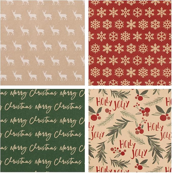 YANGTE Vintage Christmas Wrapping Paper - Brown Kraft Gift Wrap 4 Rolls, 17x120 Inch, Holiday Paper with Classic Red and Green Patterns for Xmas Gifts