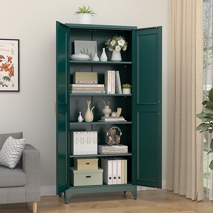 Kitchen Pantry Cabinet,75" Green Metal Storage Cabinets with Doors and 4 Adjustable Shelves,Kitchen Cabinet with 2 Gold Handles,Tall Cabinet for Livingroom,Pantry, Bathroom