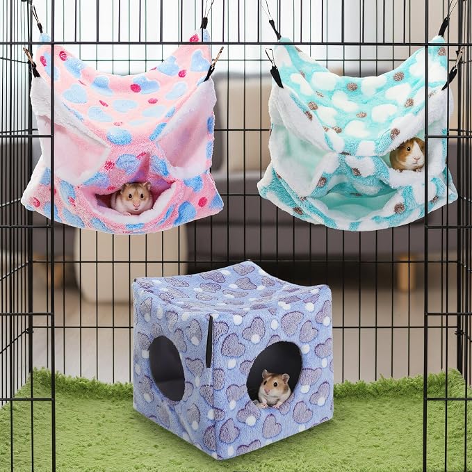 AceOrbit 6 Pcs Rat Hammock Cube Hideout Triple Layer Ferret,Spotted Heart | Cage Accessories for Guinea Pig Chinchilla Sugar Glider Hamster, Soft Ferret Bed Hideout with Hooks, Cozy Sleeping Nesting