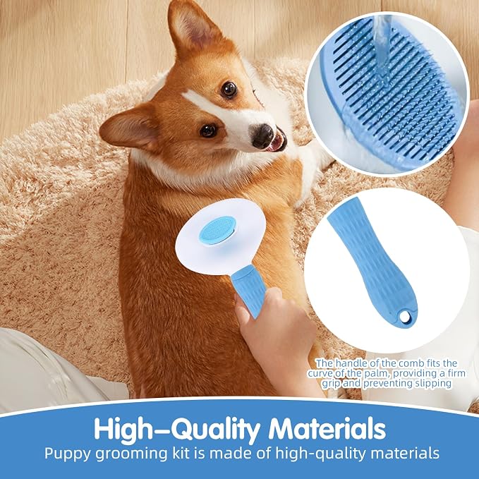 Aglads 3PCS Cat Rabbit Bunny Dog Grooming Kit, Self-Cleaning Slicker Cat & Dog Brush for Shedding, Fine-Needle Comb, Pet Nail Clipper & File for Long/Short-Haired Pets, Easy to Remove Loose (3, blue)