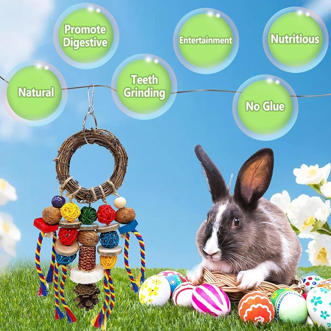 Bunny Chew Treat Toy for Teeth, Rabbit Cage Hanging Chew Toys and Rattan Ring with Snack,Natural Material Handwoven Chinchilla Treats Toys for Guinea Pig Gerbils Hamster Rat Teeth Grinding