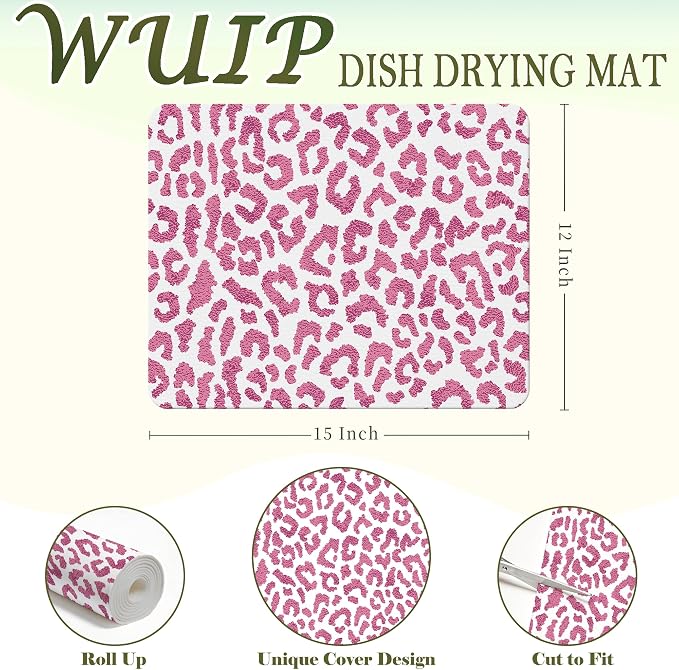 Pink Cheetah Print Dish Drying Mats for Kitchen Counter, Retro Funky Pink Cheetah Absorbent Reversible Coffee Bar Mat Drying Pad for Leopard Print Kitchen Decor, 12x15 Inch