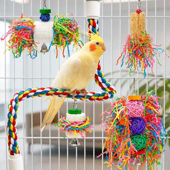 6PCS Bird Parrot Foraging Toys with Rope Perch Parakeet Chewing Hanging Toy Shredded Paper Cage Accessories for Small Parrots Parakeets Conures Cockatiels Love Birds Cage Toy
