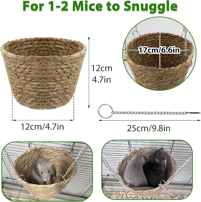 Natural Grass Rat Hammock for Cage, Tightly Woven Non-Collapse | Chew Proof Rodent Hammock for 1-2 Rats to Snuggle, Hanging Bowl-Shaped Rats Cage Bed with Sturdy Hooks for Full Protection