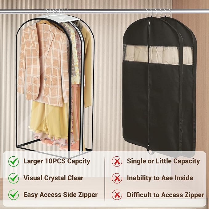 Garment Bags for Hanging Clothes 40” Long,Ultra Clear Suit Bags for Closet Storage, Moving Organization, Travel Covers with 10" Gussets for Coat, Dress, Shirt and Sweater - 3 PCS