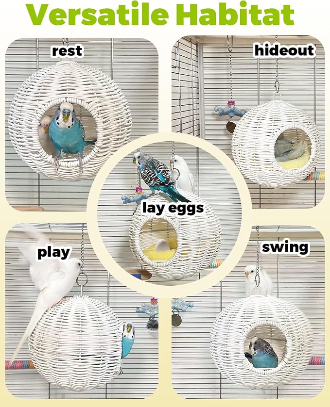 Chewproof Steel Frame Bird Nest for Cage, Washable Small Bed Hammock | Bird Hideout Lay Eggs Parakeet Nest Sleep Rest, Parakeet Warm Bed House Hut for Lovebird, Canary, Budgie, with Cushion