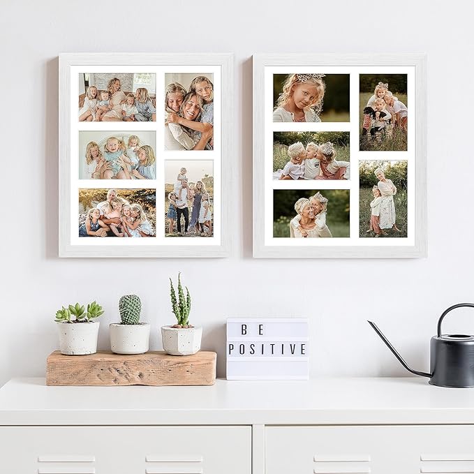 11x13 Collage frame with 5 Openings 4X6 Pictures, Multiple Picture Frame with Mat, Wall or Tabletop Decor, White Wood Grain,2 Pack