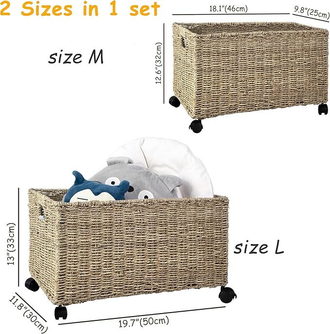 PEMAR Set 2 Nesting Natural Wicker Rolling Storage Baskets on Wheels w Insert Handles, Under Table Under Desk Woven Storage Bins, Mobile File Cabinet Organiser (Seagrass, Sizes M, L Nesting)