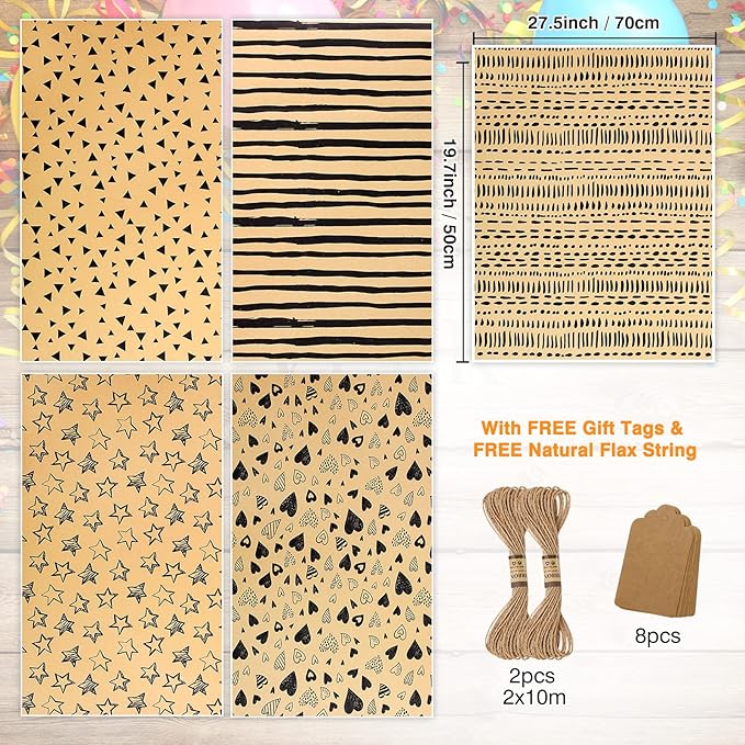Kraft Wrapping Paper Set with Tags & String - Brown Kraft Wrapping Paper Gift Wrap for Present - Birthday Paper Wrap for Women, Men, Boys & Kids (6 Sheets, 28"Lx20"W per Sheet)