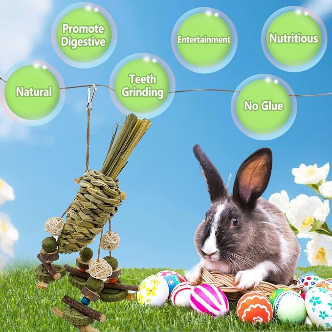 Rabbit Chew Toy, Bunny Cage Hanging Chew Toy & Treats,Natural Material Handwoven Chinchilla Treats Toys for Guinea Pigs Hamsters Rats and Other Small Pets Teeth Grinding