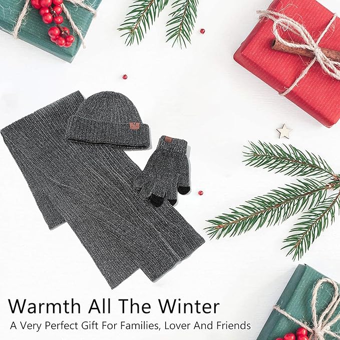 Womens Winter Knit Warm Hat Beanie Long Scarf Touch Screen Gloves Set Skull Caps Neck Scarves for Women