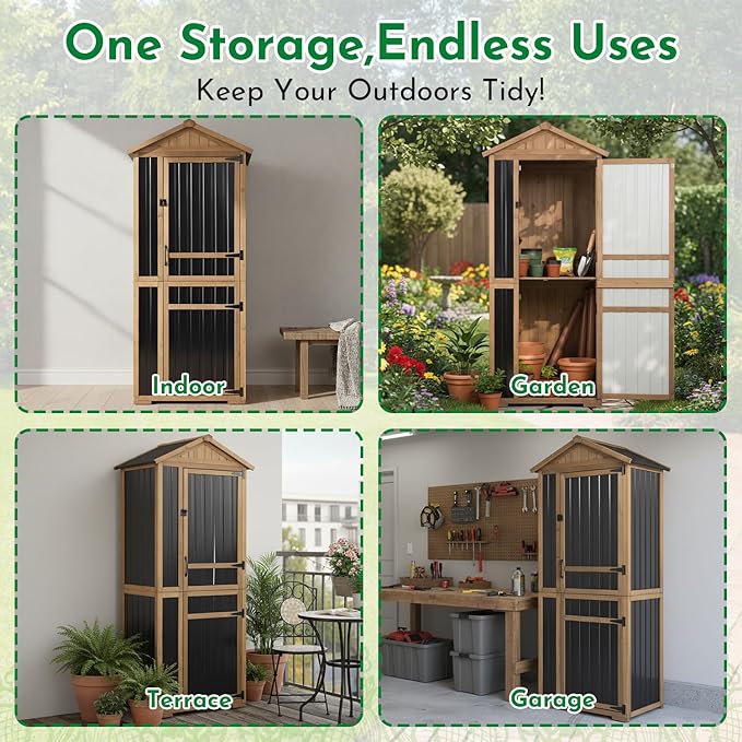 Ketive Outdoor Storage Cabinet 70 Inch, Wooden Vertical Garden Tool Storage Shed with Adjustable Shelves, Waterproof Roof, Lockable Doors, Small Backyard Utility Cabinet for Patio Garage