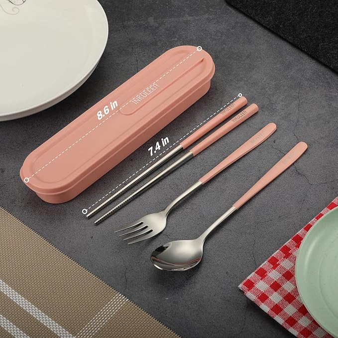 Travel cutlery set, 18/8 stainless steel cutlery, Reusable utensils set with case, Portable Silverware Lunch Box for Camping and Office (Pink)