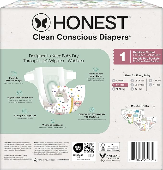The Honest Company Clean Conscious Diapers for Delicate Skin Up to 100% Leakproof Hypoallergenic Fragrance-Free Baby Gender Neutral Prints Club Box Size 1 (8-14 lbs) 78 Count