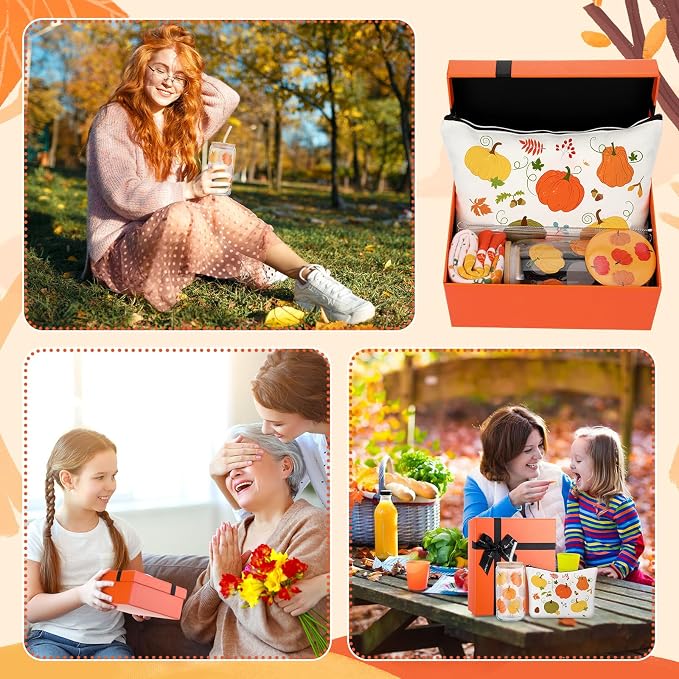 Kacctyen 5 Pcs Thanksgiving Gifts Basket for Women Orange Pumpkin Birthday Gift Basket 16 oz Pumpkin Cup with Lid Straw Makeup Bag Socks Mirror for Thanksgiving Friendsgiving Holiday Souvenirs