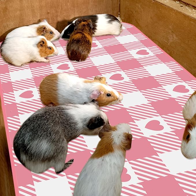JarThenaAMCS 3 Pcs Checkered Guinea Pig Pee Pads 24 x 47 in Pink White Heart Reusable Bunny Squirrel Mat Washable Small Animal Cage Liner for Valentine's Day Rabbit Hamster Chinchilla Ferret Rat
