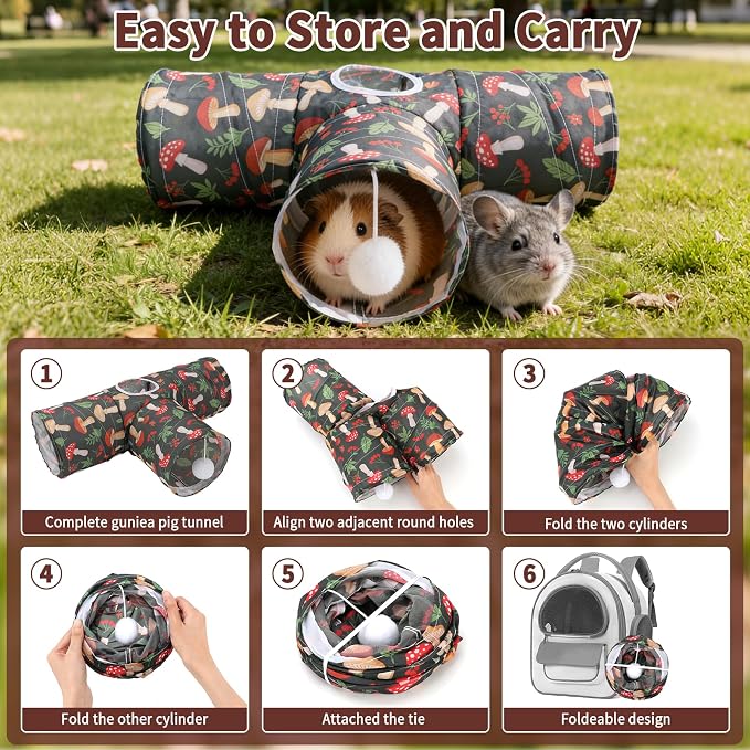 Rypet Guinea Pig Tunnel Hideout 3-Way Collapsible Small Pet Tubes, Mashroom | 3 Way Design for Exploration, Collapsible for Easy Storage, Built-in Play Ball, Hiding & Resting for Hamsters Ferrets