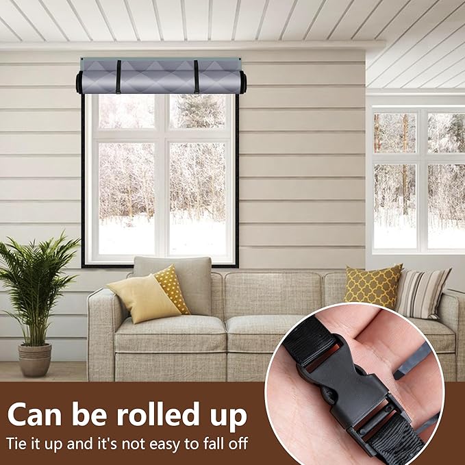 3 Layer 63 x 39 Inches Winter Insulated Window Cover-Oxford Thermal Insulated Window Blanket with Fastener-Gray Window Insulation Kit for Winter Keeping Warm