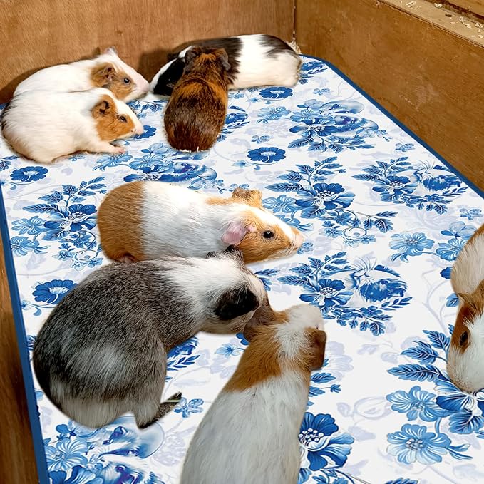 JarThenaAMCS 3 Packs Guinea Pig Pee Pads 24" x 47" Reusable Guinea Pig Pee Mat Watercolor Blue Flower Washable Small Animal Cage Liner for Rabbit Hamster Chinchilla Ferret Rat