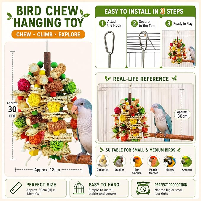 Parrot Chew Toy, Natural Material Bird Foraging Toy for Conures, Quaker Parrots, Medium-Sized Birds - Colorful Hanging Shredding Toy with Woven Ball, Corn Cob and Wooden Beads