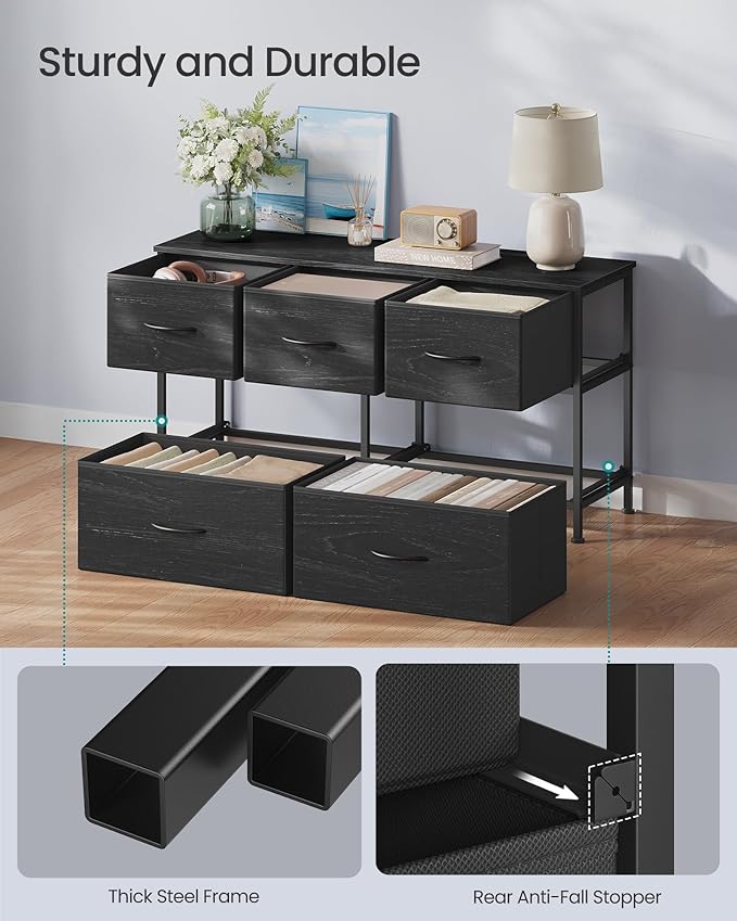 SONGMICS BELLAH Collection - Dresser for Bedroom, Chest of Drawers, Storage Organizer Unit, Closet, Entryway, Steel, 5 Drawers, Modern, Ebony Black ULGS322BE02S